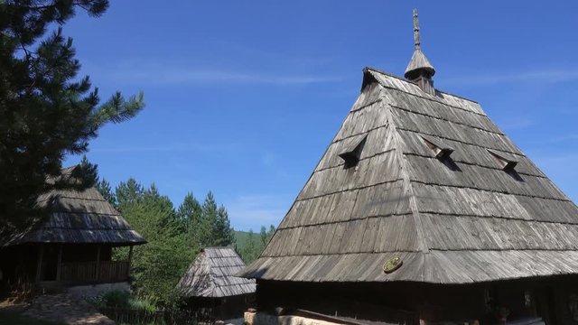 Panorama of old house in ethno village Sirogojno in Zlatibor surroundings, Serbia, 4k