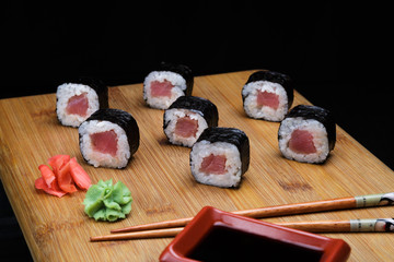 Maki rolls with tuna. Sushi menu. Japanese food.