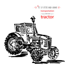 Hand-drawn vintage transport tractor. Quick ink sketch. Vector black illustration isolated on white background