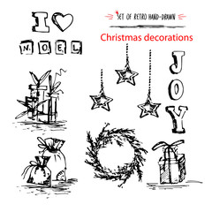 Winter holiday set, merry christmas decoration sketch ink hand drawn style. isolated on white background for new year or Xmas design, banner, garland, postcard, ornament