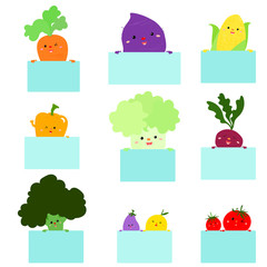 Cute cartoon vegetables holding empty board vector.