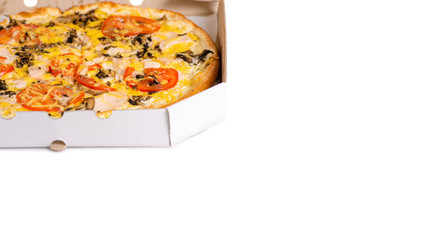 Pizza in a box on a white background isolation