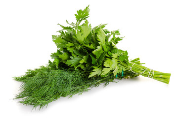 A bunch of parsley and dill on white background isolation