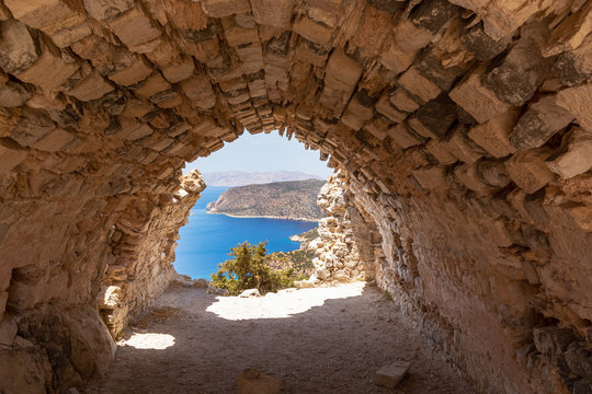 Sea view from the ruins of a small chapel. The castle of Monolithos on Rhodes island. Greece