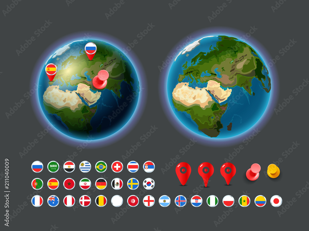 Poster infographic vector elements. earth map with flags and pins