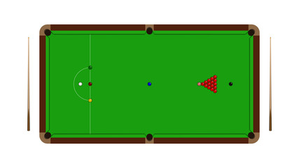 Top view of realistic snooker table with balls and cue isolated on a white background, vector illustration