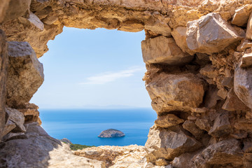 Sea view from the ruins of Monolithos castle. Rhodes island. Greece