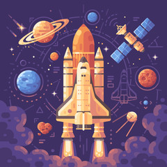Obraz premium Space exploration concept. Space objects flat illustration. Shuttle launch background