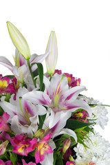 bouquet of lilies, alstromeries and chrysanthemums on light back