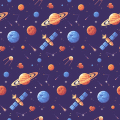 Space icons seamless pattern. Space exploration purple background