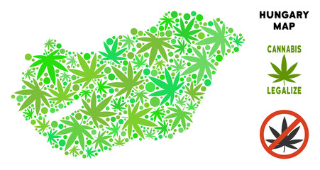 Royalty free cannabis Hungary map composition of weed leaves. Template for narcotic addiction campaign against drugs dependence or cannabis legalize.