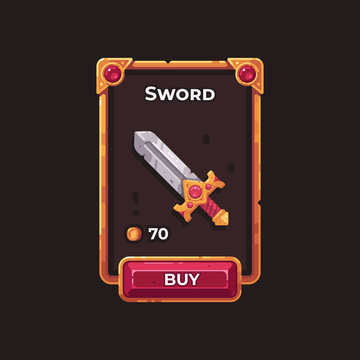 Fantasy game weapon shop UI illustration. Medieval sword game card.