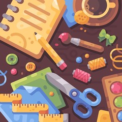 Creative workplace flat illustration. Desktop filled with art supplies and craft materials. Handcraft vector background.