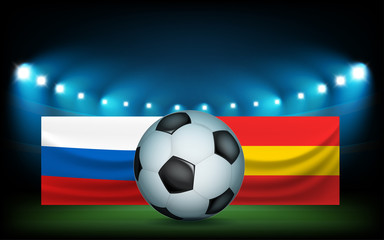 Fototapeta premium Football stadium with the ball and flags. Russia vs Spain