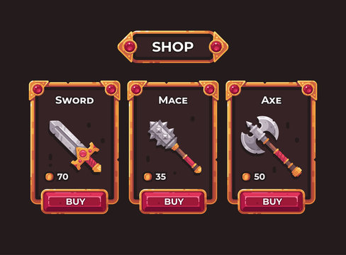 Fantasy game weapon shop concept. Game shop UI frame illustration.