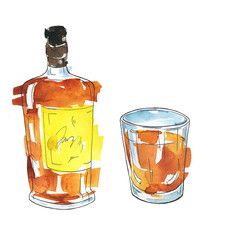 Bottle and glass of whiskey or cognac isolated on white background. Hand drawn watercolor and ink illustration.