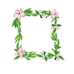 Pink flowers and green leaves border isolated on white background. Hand drawn watercolor illustration.