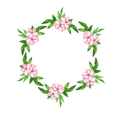 Fototapeta na wymiar Pink flowers and green leaves bouquet frame isolated on white background. Hand drawn watercolor illustration.