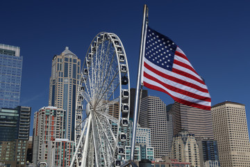 Seattle Skyline with Flag and Wheel