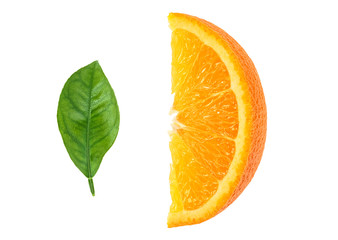 Orange slice and orange leaf isolated on white background
