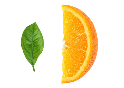 Orange Slice And Orange Leaf Isolated On White Background