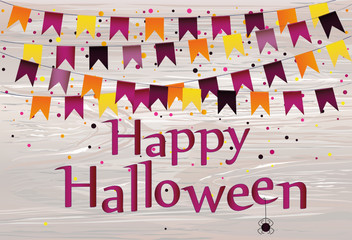 Halloween Carnival with flags Garlands. Vector on wooden background. The concept of an invitation to a party in traditional colors.