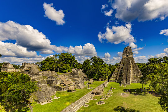 Guatemala. Tikal National Park (Peten Department, on UNESCO World Heritage Site since 1979). The Grand Plaza with the North Acropolis and Temple I (Great Jaguar Temple)