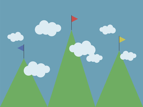 three green mountains of different heights multi-colored flags on tops white clouds blue sky vector drawing illustration