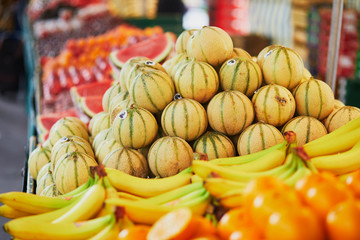 Fresh organic vegetables and fruits on farmer market in Paris, France