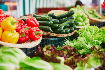 Fresh organic vegetables and fruits on farmer market in Paris, France