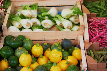 Fresh organic vegetables and fruits on farmer market in Paris, France