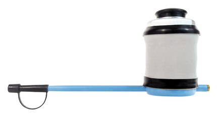 Diatomaceous earth pesticide hand, bellows and powder duster. Isolated.