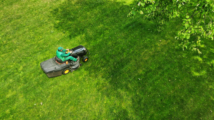Grass cutting in the park. Lawnmower and gardener.