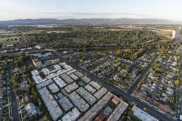Afternoon aerial view towards the Sepulveda basin in the Encino area of the San Fernando Valley in Los Angeles, California.