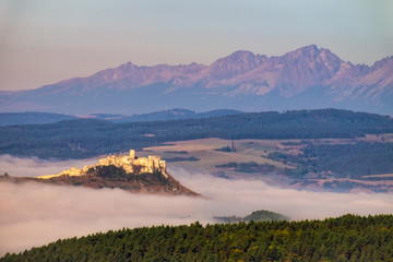 Scenic view of Spis castle and High Tatras, Slovakia