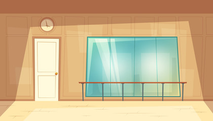 Vector cartoon illustration of empty dance-hall with mirrors and wooden floor. Rehearsal room for ballet lessons with wall handrails. Gym, class for fitness trainings or yoga, blank interior inside © vectorpocket