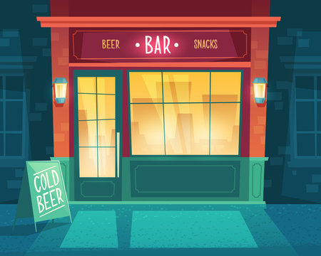 Vector Cartoon Background With Bar At Night. Facade Of Building For Public Catering, Exterior Of Beerhouse With Shop-windows And Signboard. Entrance Of Fast Food Restaurant With Beer And Snacks