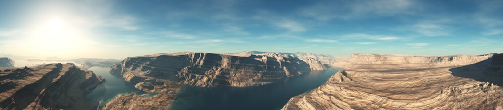 Panorama of the canyon with the river. River in the canyon. The mountain river. Panorama of the mountains.
3D rendering