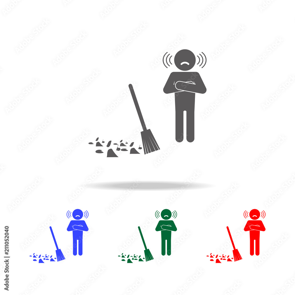 Poster man with a broom icon. elements of psychological disorder in multi colored icons. premium quality gr