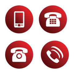 Vector icon set: red phone icons - mobile phone, handset, two types of traditional phone	