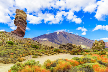 View of  Roques de Garcia formation and Teide mountain volcano in Teide National Park, Tenerife,...