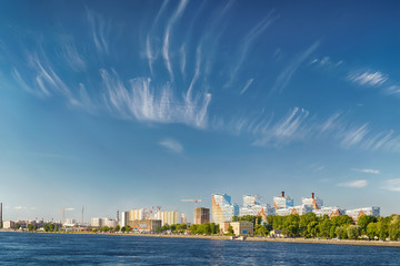 Naklejka premium Riverside panoramic cityscape with new buildings construction in Saint Petersburg, Russia