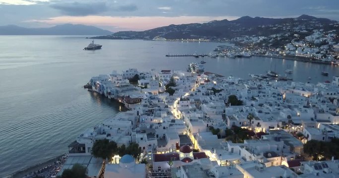 Mykonos Town sunset drone