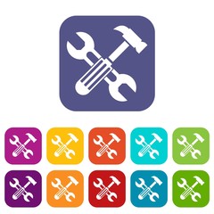 Hammer and screw wrench icons set vector illustration in flat style in colors red, blue, green, and other