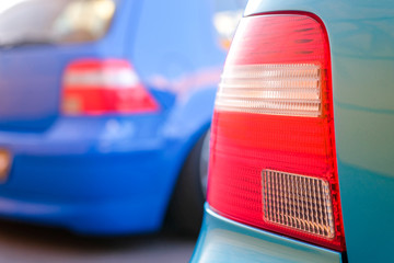 Luxury blue car headlight close-up. Concept of expensive, sports auto.  The concept of tuning....