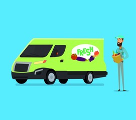 Vector cartoon style farmers fruit and vegetables red delivery car