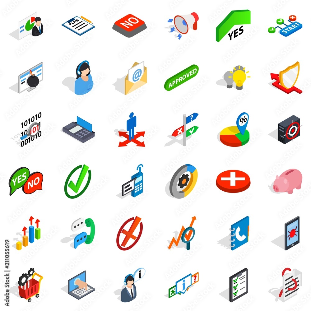 Poster business statistics icons set. isometric style of 36 business statistics vector icons for web isolat