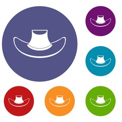 Cowboy hat icons set in flat circle red, blue and green color for web