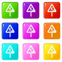 Road works sign icons of 9 color set isolated vector illustration