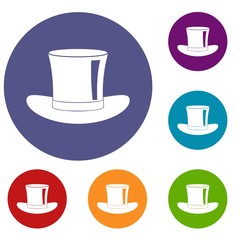 Silk hat icons set in flat circle red, blue and green color for web